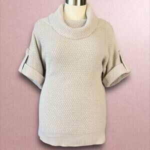 Ann Taylor Short Sleeve Cowl Neck Sweater Pullover Roll Tab Size XL Beige Tan